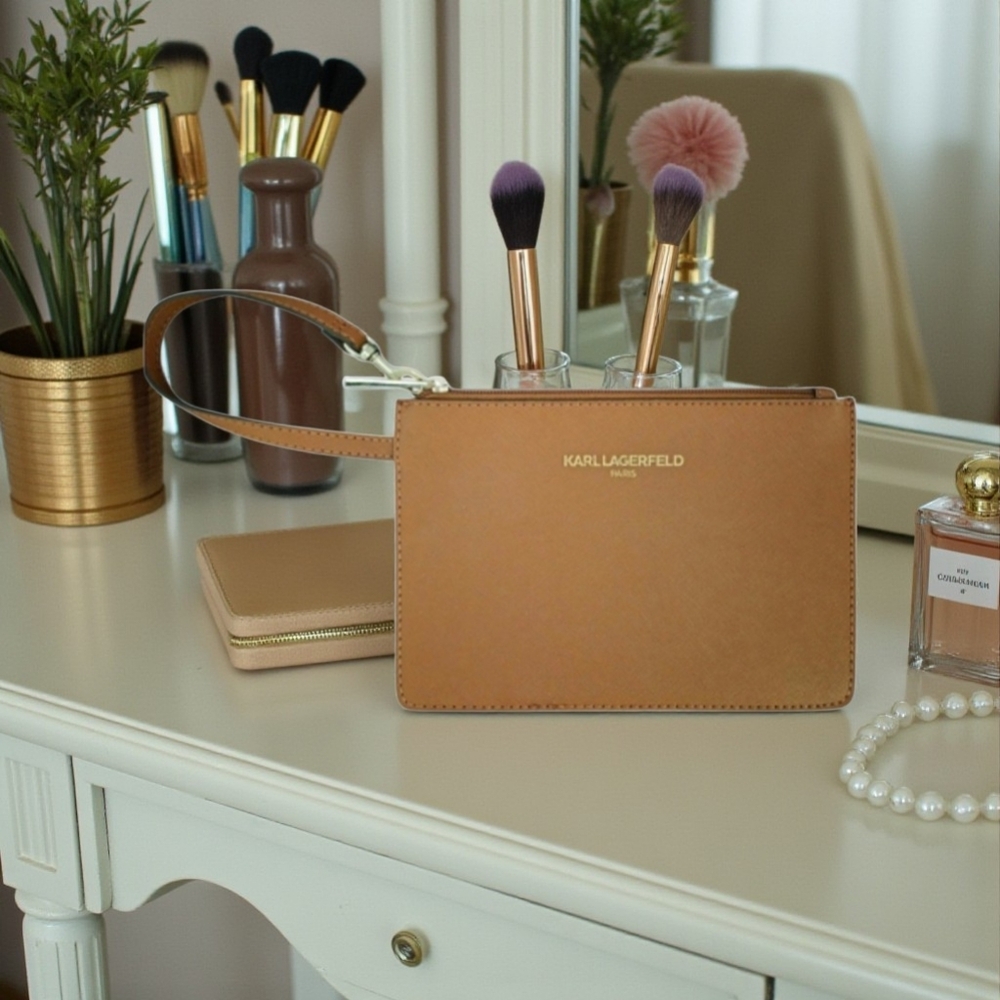 KARL LAGERFELD RUSSET BROWN SAFFIANO LEATHER WRISTLET AUTHENTIC